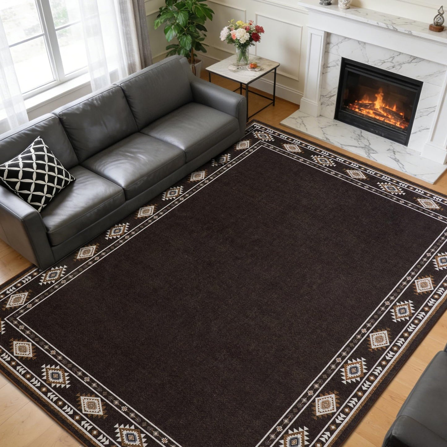 QDUIDU Large Area Rug for Bedroom Living Room, 4x6 Feet Ultra Soft Brown Rugs Washable Modern Geometric Bordered Non Slip Low Pile Carpets Home Decor