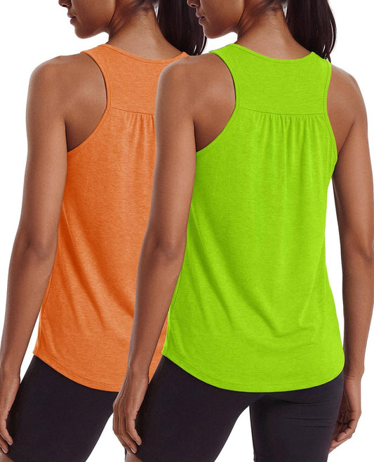 PINSPARK Womens Workout Tank Tops Racerback Atheltic Running Shirts Moisture Wicking Yoga Muscle Tanks Slim Fit Summer Exercise Top,Neon Green/Orange S