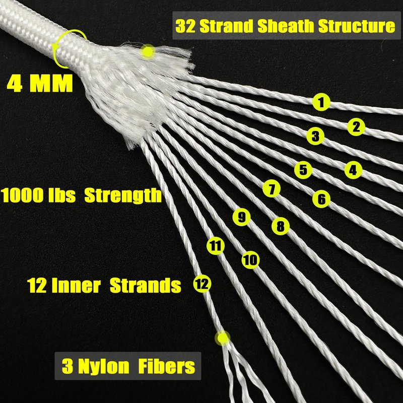 VVAAGG 1000 White Paracord 200FT Utility Parachute Cord 4mm Nylon String12 Strand Nylon Camping Rope, Tent Rope, Clothsline Rope for Survival & Camping Gear(White, 200FT)