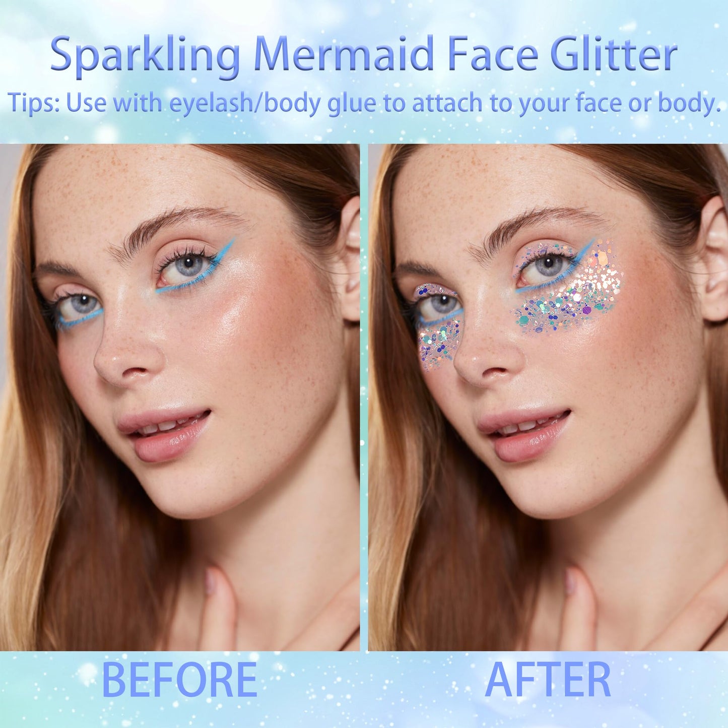 Gofriipai 2 Pcs Starfish Hair Clip with Face Glitter Body Glitter, Mermaid Hair Clips Accessories for Women and Girls, 2 in 1 Accessory Sets for Mermaid Halloween Beach Costume