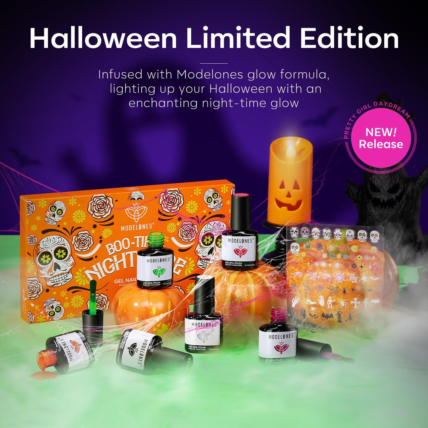 modelones Halloween Gel Nail Polish Set, 6 Colors Glow in the Dark Neon Orange Green Purple Pink White Black Gel Polish Set Fall Soak Off LED Nail Art Kit Gift with Nail Stikers