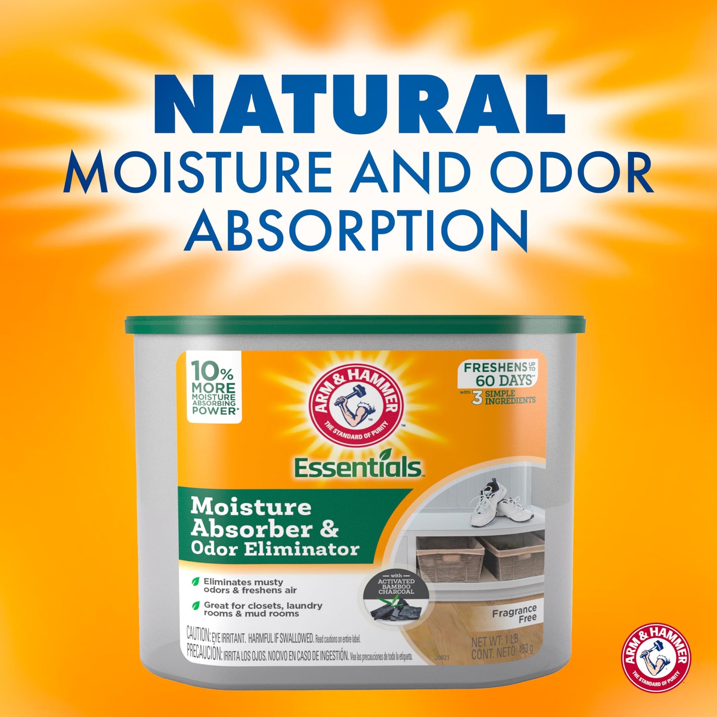 Arm & Hammer Essentials Disposable Moisture Absorber and Odor Eliminator Tub, Fragrance Free, 1 lb., Attracts and Traps Excess Moisture, Ideal Closet Dehumidifier (Pack of 3)