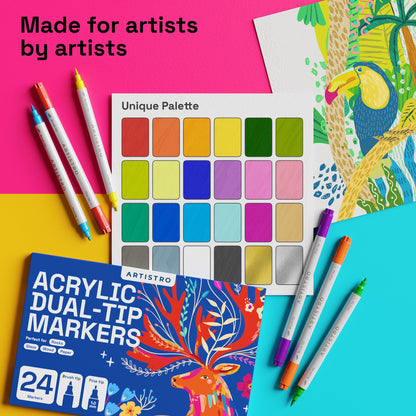 ARTISTRO Acrylic Paint Markers for Fabric, Rock, Wood, Glass, Craft - 24 Quick Dry Dual-Tip Fabric Paint Pens for Halloween Decorations - Pumpkin Painting Kit, Art Supplies, Christmas Gift