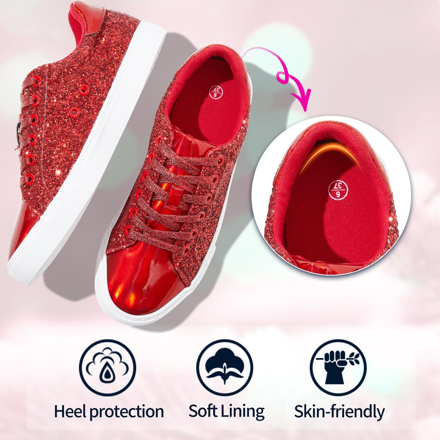 AISFAES Glitter Sneakers Sparkly Low Top Sequins Sneakers Lace Up Tennis Shoes Comfort Bling Shoes Fashion Shiny Walking Shoes(Red Glitter,12 Women/10 Men)