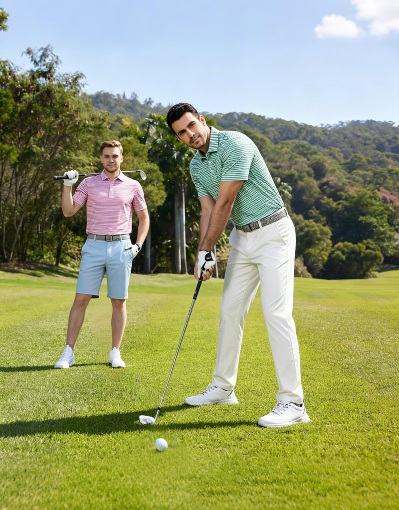 M MAELREG Mens Golf Shirt Short Sleeve Dry Fit Striped Casual Moisture Wicking Collared Golf Polo Shirts for Men Rose White