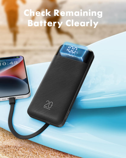 Charmast Power Bank, 20000mAh Built-in 4 Cables Portable Charger, 20W Fast Charging Battery Pack with 4 Ports, USB-C Powerbank for iPhone 16/15/14 Series, iPad, AirPods, Android Phone,and more(Black)