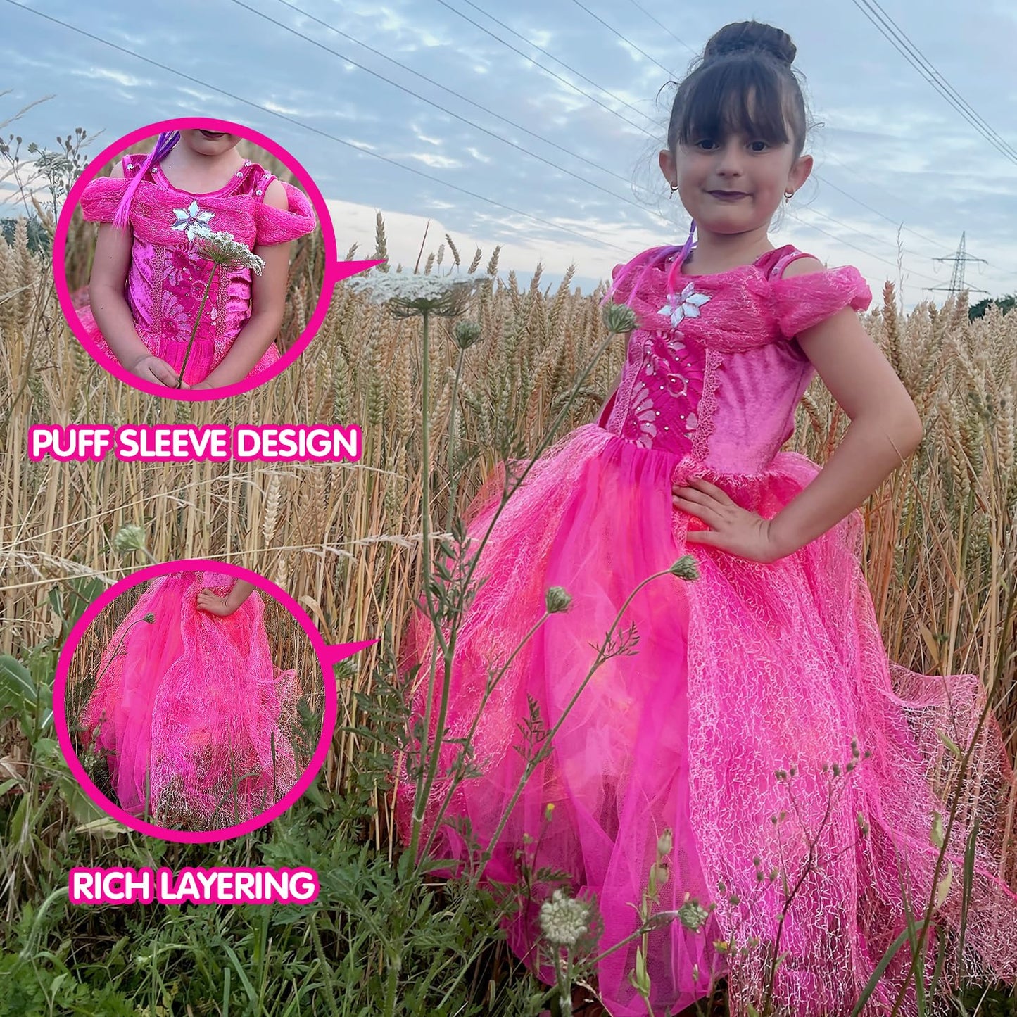 UPORPOR Light Up Pink Princess Dresses for Girls Halloween Costumes Dressing Up Clothes for Little Girl Kids Party Christmas, 140