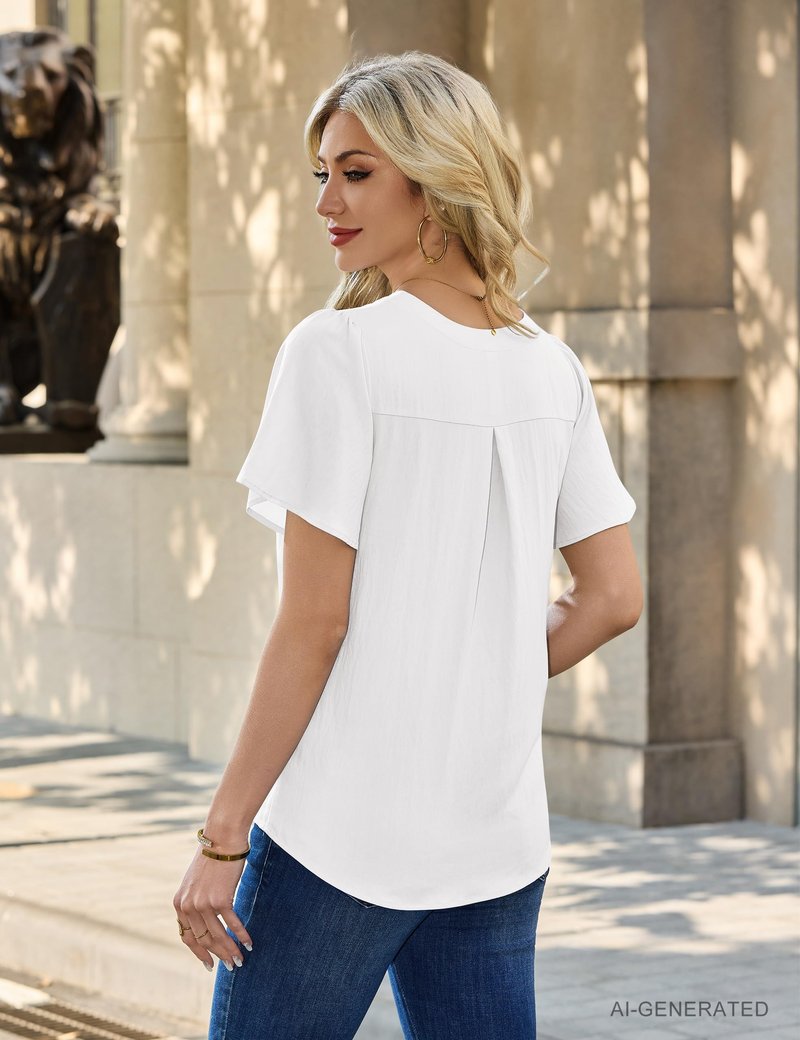 Blooming Jelly Womens Dressy Casual Blouses Business Work Summer Tops Zip Ruffle Short Sleeve Cotton Shirts Trendy Spring Outfits (White,Medium)