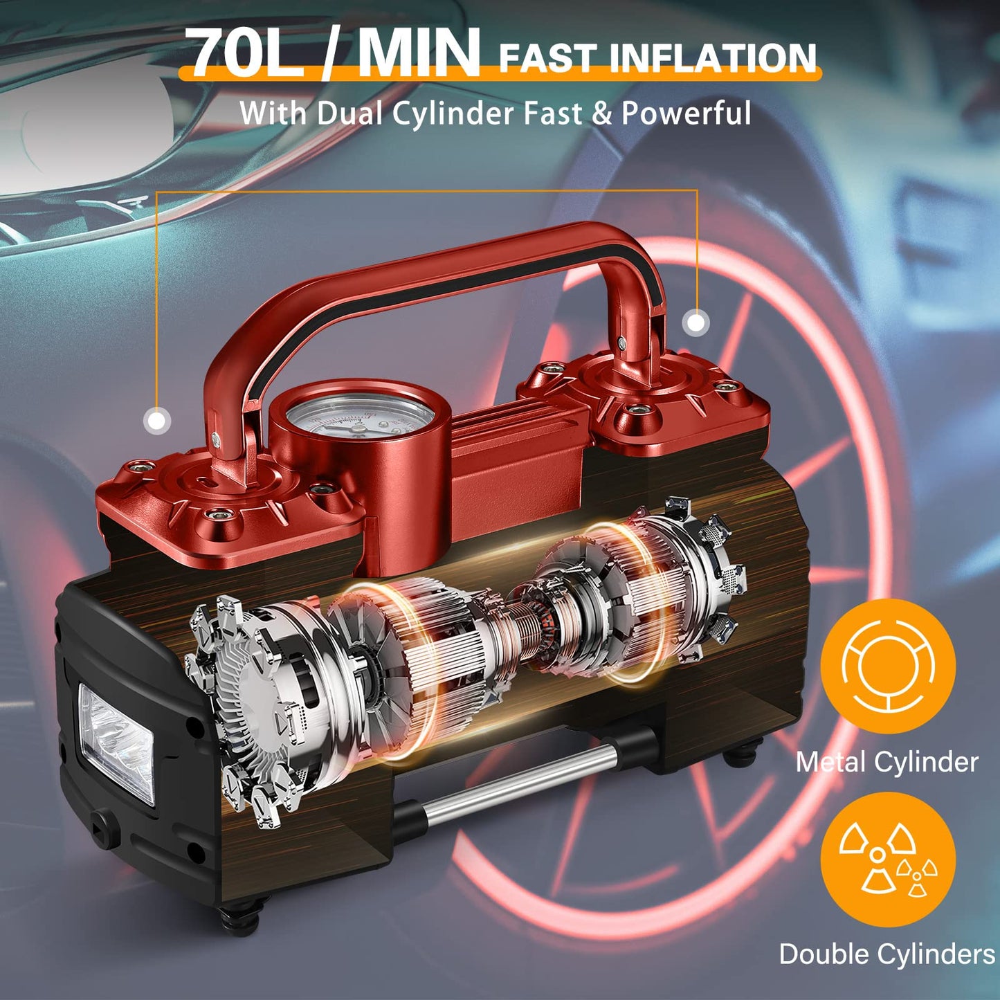 GSPSCN Portable Digital Car Tire Inflator with Gauge 150Psi Auto Shut-Off, Heavy Duty Double Cylinders 12V Air Compressor Pump with LED Light for Auto,Truck,Car,Bicycles,RV,SUV,Balls etc. (RED)