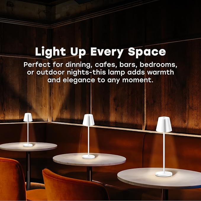 2 Pack Cordless Table Lamp,Portable LED Desk Lamp, 5200mAh Battery Operated, 3 Color Stepless Dimming Up, for Restaurant, Bedroom, Bars, Outdoor Party, Camping, Coffee Shop Night Light White