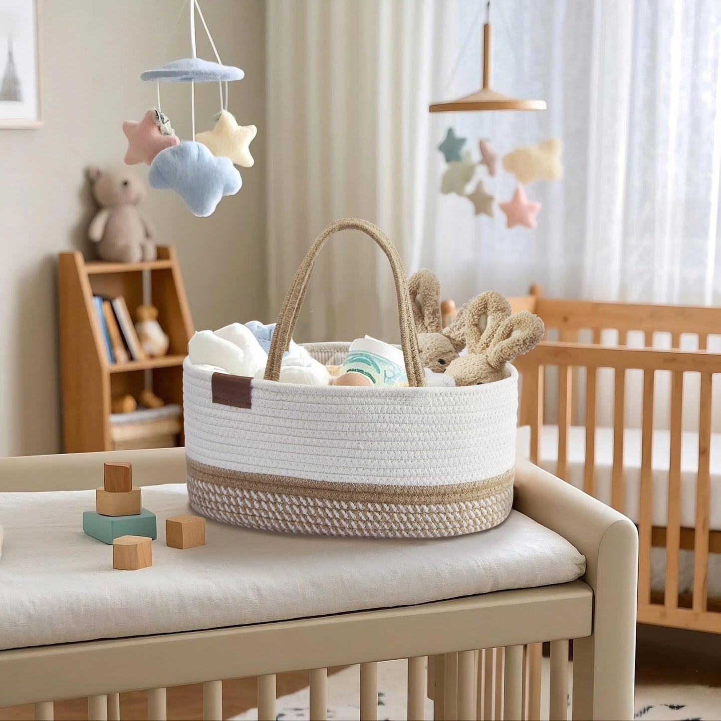 DECOMOMO Baby Caddy Organizer, Diaper Caddy Basket, Baby Baskets for Baby Shower (Spiral Beige & White, Large)