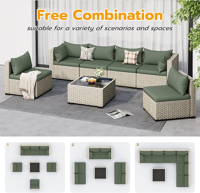 UDPATIO Outdoor Patio Furniture Set, 7-Piece PE Wicker Sectional Sofa with Tea Table, Outdoor Conversation Set for Patio, Garden, Backyard Green