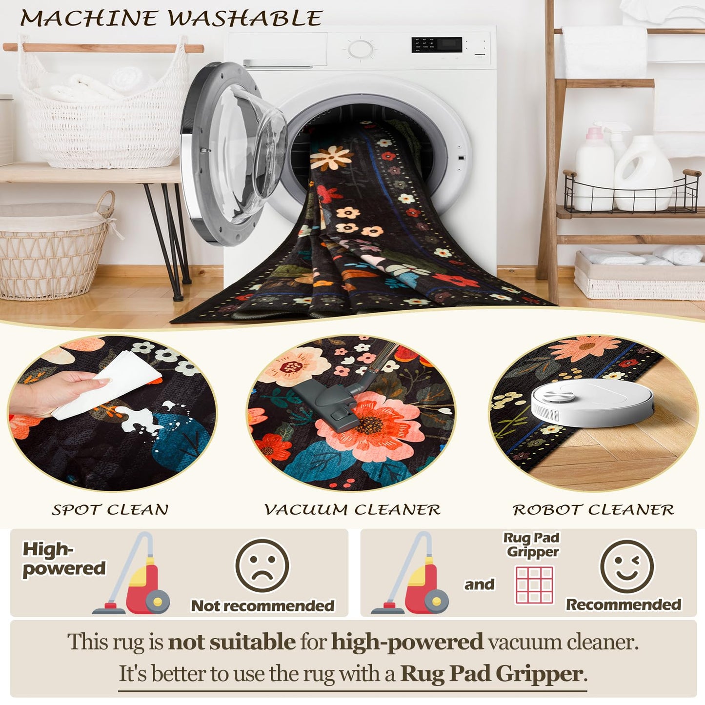 RELEANY Floral 5x7 Area Rugs Washable Print Boho Cute Carpet Non Slip Flower Low Pile for Living Room Bedroom Kitchen Office Farmhouse-Black
