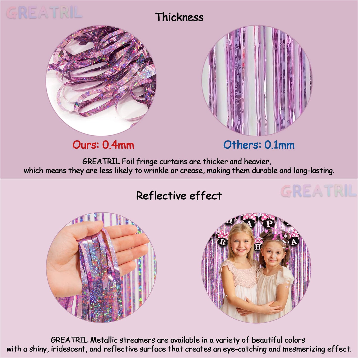 Tinsel Curtain Pink Glitter - GREATRIL Girls Tinsel Curtains Pastel Foils Fringe Party Decoration Background for Unicorn Mermaid Fairy Princess Birthday School Child School Party