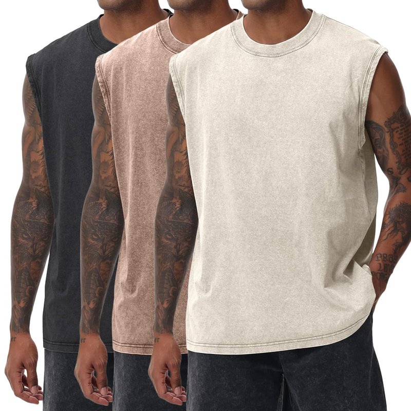 Yimoon Mens Tank Tops Workout Sleeveless Shirts Cotton Acid Wash Tees Loose Gym Muscle Shirts(BlackKhakiBeige-L)