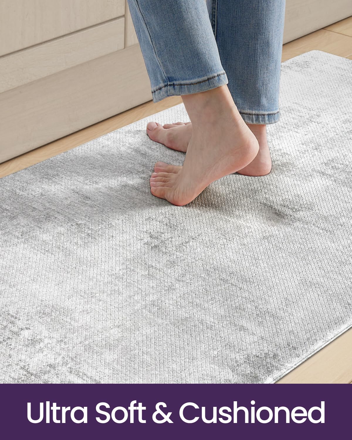 DEXI Kitchen Mats Cushioned Anti Fatigue, 23x86 Floor Padded Runner Rug Non Slip, Waterproof Standing Comfort Memory Foam for Front Sink Laundry, Light Grey