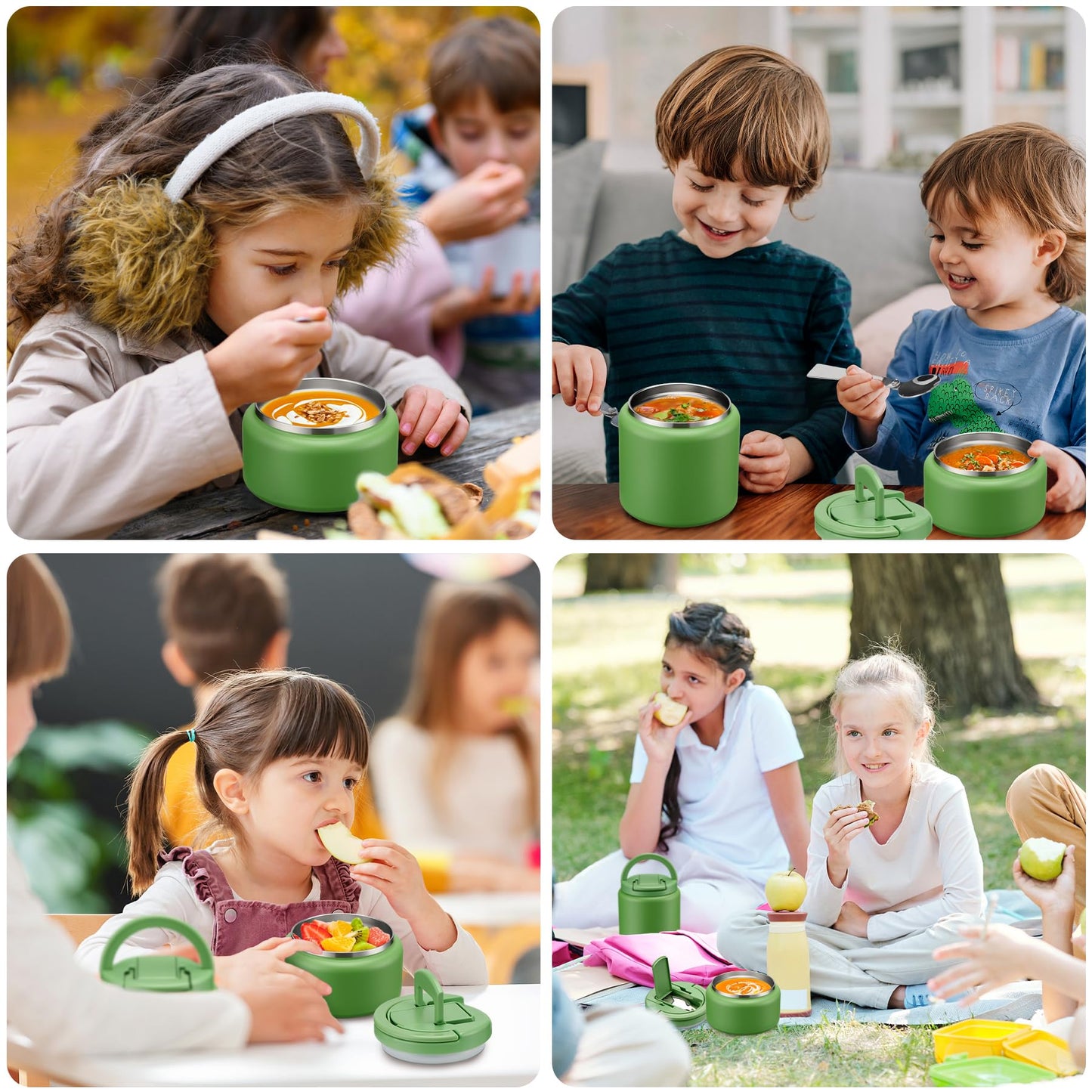 13.5oz Soup Thermo for Hot Food Kids Insulated Vacuum Food Jar with Buckle Lid,Wide Mouth Leakproof Stainless Steel Lunch Container with Spoon-Green