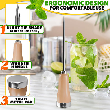 Ice Pick Tool with Stainless Steel Needle & Wooden Handle – Ice Picks for Breaking Ice In Freezer with Ergonomic Handle for Secure Grip – Designs for Kitchens, Bars & Camping Easy Breaking