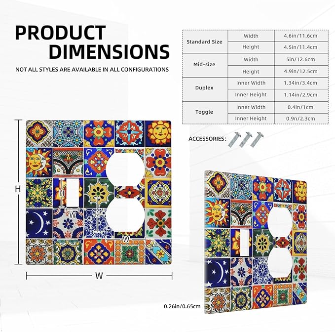 Decorative Light Switch Cover Plate Traditional Colorful Talavera Mexican Spanish Moroccan Tiles 2 Gang Outlet Covers 1 Toggle 1 Duplex Wall Plate Decorate Electrical Switch Plate Covers for Kitchen