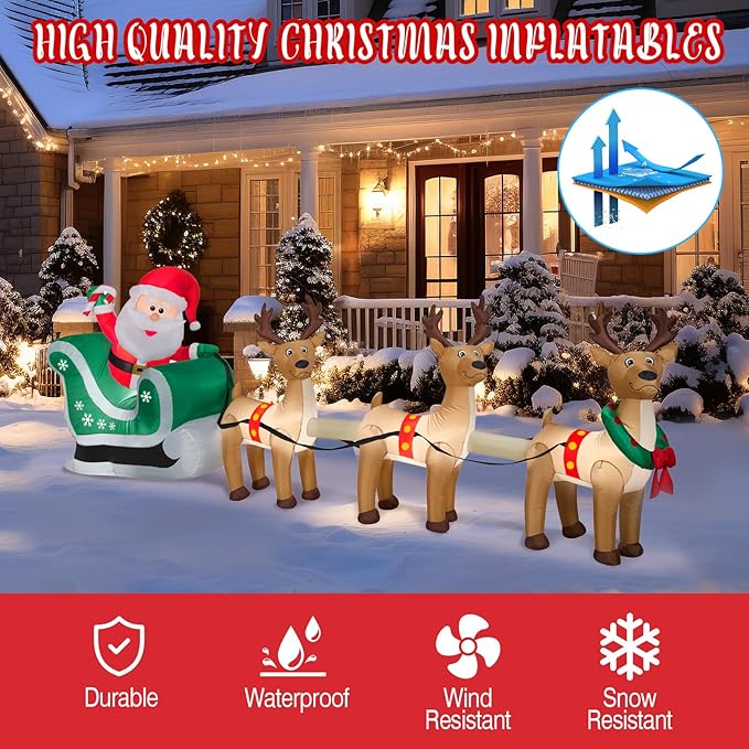 12 FT Christmas Inflatables Santa Sleigh with 3 Reindeer Decorations, Christmas Blow up Santa and Reindeer Inflatable Built-in 8 LEDs for Christmas Inflatable Outdoor Decoration Xmas Party