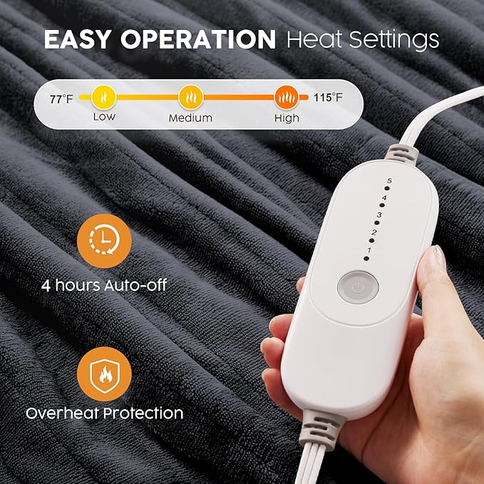 HYLEORY Heated Electric Blanket Queen 84"x90" Soft Fleece & Flannel with 5 Heating Levels & 10 Hours Timer Auto Shutt Off, ETL Certified, Washable，Heated Blanket for Body-Dark Grey