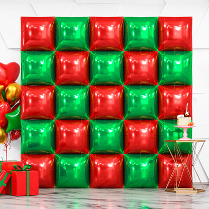 NISOCY 25PCS Christmas Balloons Red Green Square Foil Balloon Wall Backdrop Double Sided Metallic Red Balloons Arch Kit for New Years Birthday Anniversary Bridal Baby Shower Party Decorations