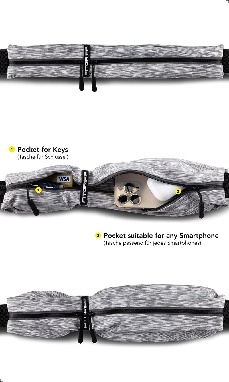 Fitgriff® Running Belt for Men & Women - Secure Jogging Pouch for Phone, Keys & Essentials - For All Cell Phones (Whtie, 33.5" - 47.5" Waist Size)