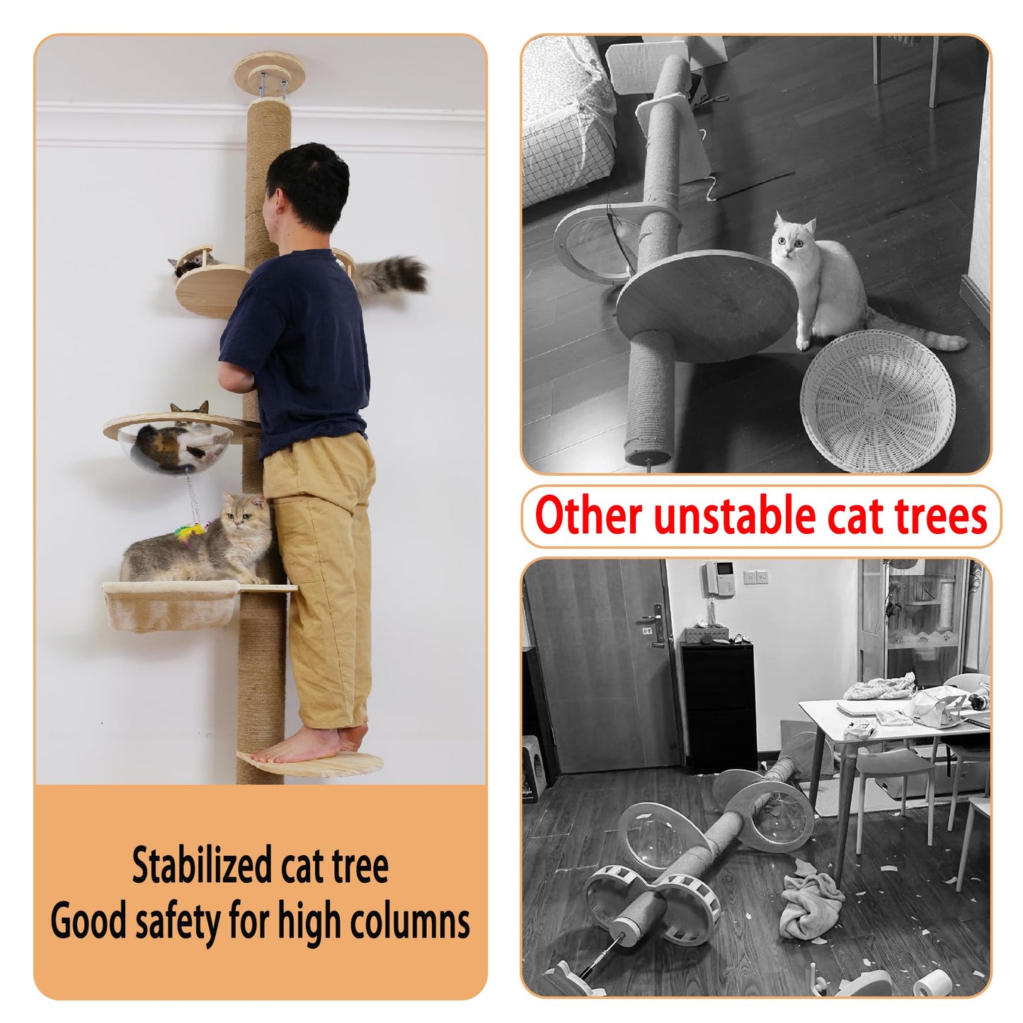 Floor to Ceiling Cat Tree Height (50-120 in) Adjustable Cat Tower 5 Tier Hemp Scratching Post High Cat Tree Sturdy Activity Tree Indoor Outdoor Cat Scratching Post Activity Center