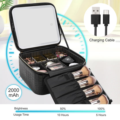 Relavel Travel Makeup Bag With LED Mirror, Cosmetic Train Case with Light up Mirror, Portable Makeup Artist Organizer Bag with Adjustable Dividers, Makeup Brush Holder Storage, Black