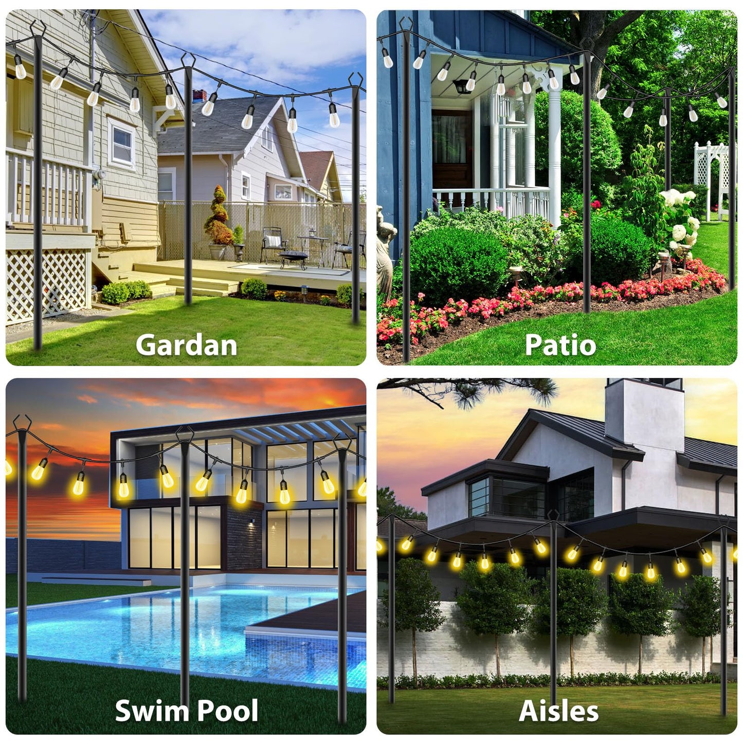10Ft String Light Poles 4 Pack,Light Poles for Outside Lights,Outdoor with Fence Brackets Hanging Lights,Metal Stand Deck Patio Backyard