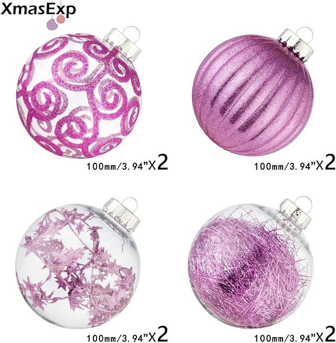 XmasExp 8ct Christmas Ball Ornaments Set -Large Clear Plastic Shatterproof Xmas Tree Ball Hanging Baubles Stuffed Delicate Glittering Holiday Wedding Xmas Party Decoration (100mm/3.94",Light Purple)