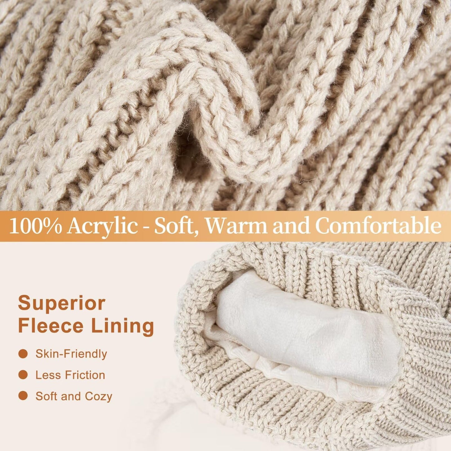 Winter Beanie Hat Scarf Gloves Set for Women, Winter Hats for Women Fleece Lined with Pom Pom Neck Warmer Touchscreen Gloves 3 in 1 Cold Weather Set, Stocking Stuffers Gifts for Mom Her(Oatmeal)
