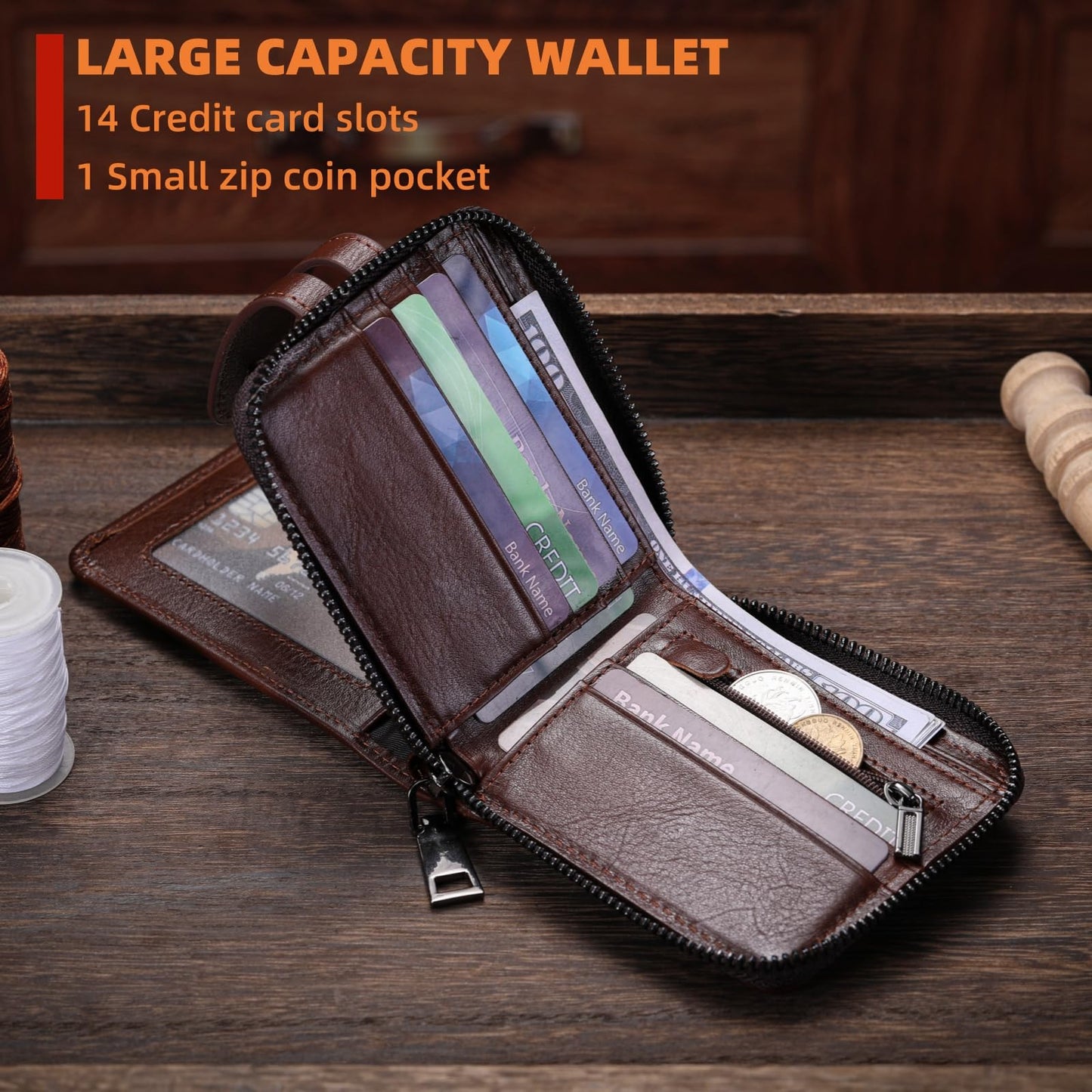 BULLCAPTAIN Genuine Leather Men's Wallet with Zipper Vintage RFID Blocking Large Capacity Wallet for Men with 14 Credit Card Slots and 1 ID Window T23 (Coffee)