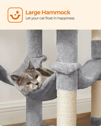 Feandrea Cat Tree, 143 cm Multi-Level Plush Cat Condo with 4 Scratching Posts, 2 Perches, Cave, Hammock, Pompoms, Light Grey