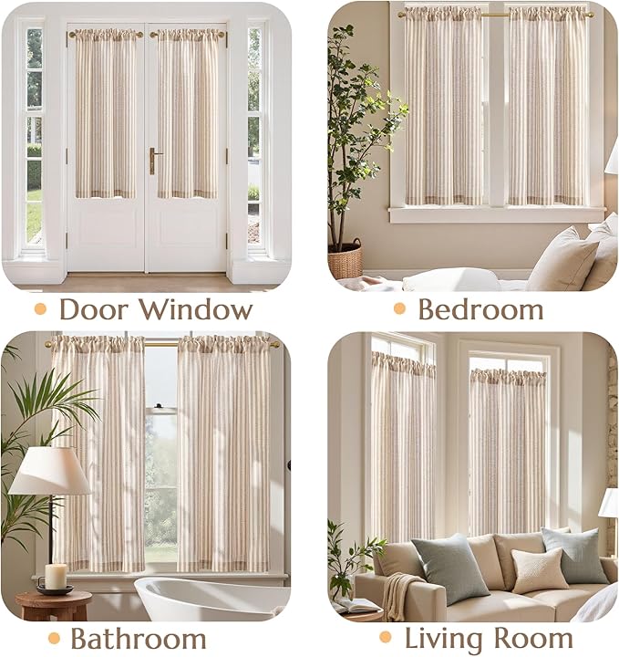 jinchan Striped Linen Kitchen Curtains 45 Inches Length Tier Curtains Farmhouse Modern Cafe Style Small Window Treatments Airy Light Filtering Rod Pocket for Living Room Bathroom 2 Panels Tan
