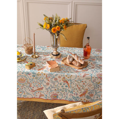 patdrea Designer Yellow French Spring Summer Tablecloth,Rustic Linen Floral Birds Pattern Table Cloth for Square Tables,Decor Table Cover for Kitchen Dining Holiday Banquet,Christmas,55"*55"