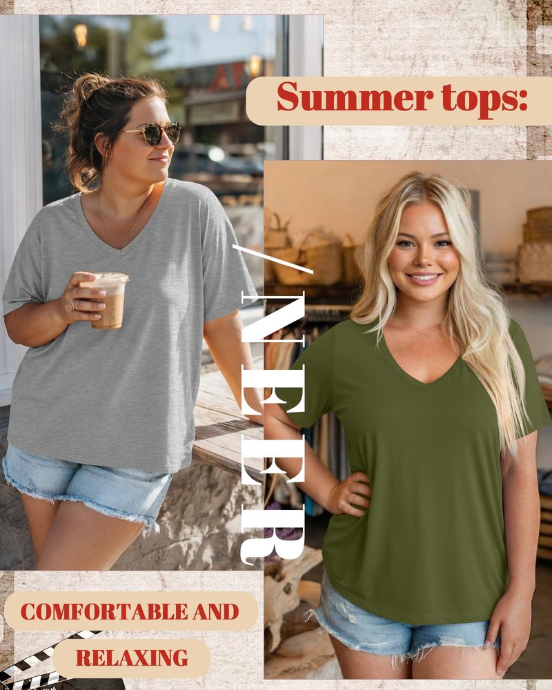 Neer 3 Pack Women's Plus Size T Shirts Short Sleeve V Neck Tops Solid Flat Hem Basic Loose Causal Tees(Black, Light Gray, Army Green,X-Large)