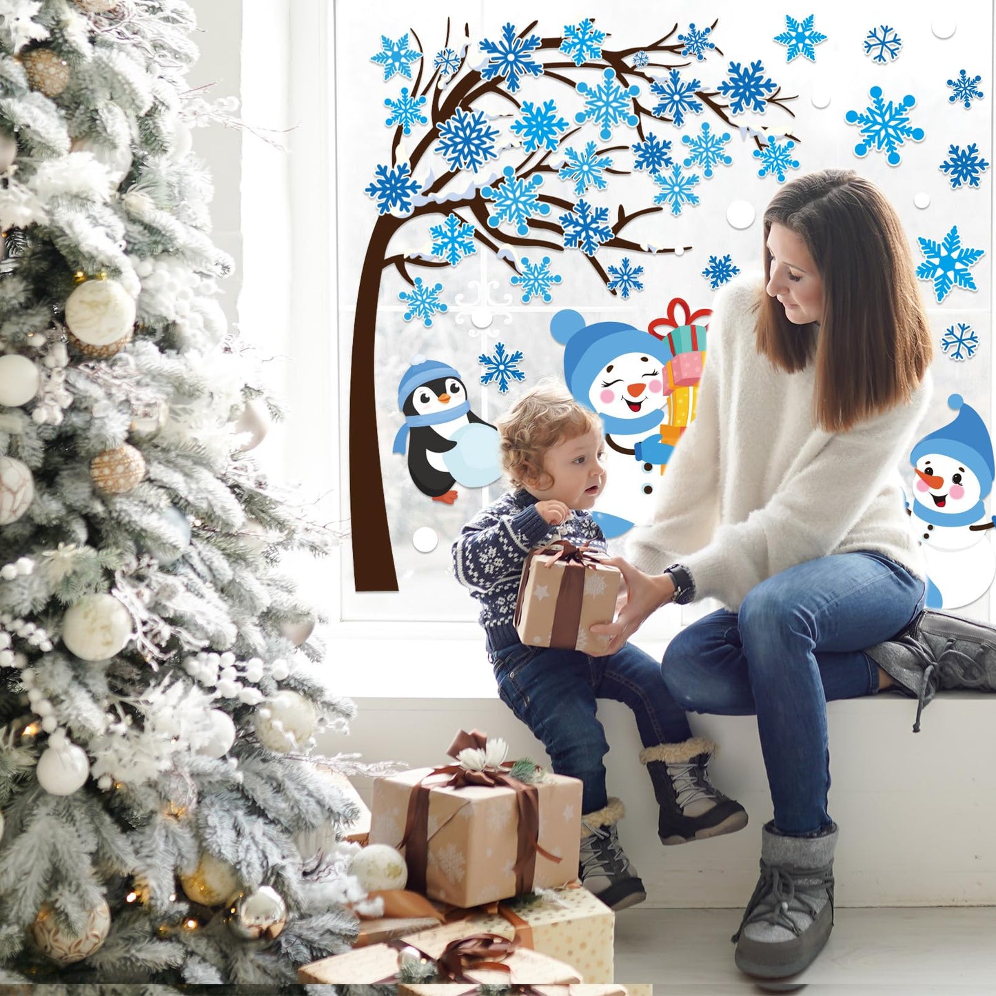Whaline 6 Sheet Large Winter Window Clings Christmas Snowflake Tree Snowman Penguin Reusable Window Decals for Xmas Party Home Glass Decor (Blue)