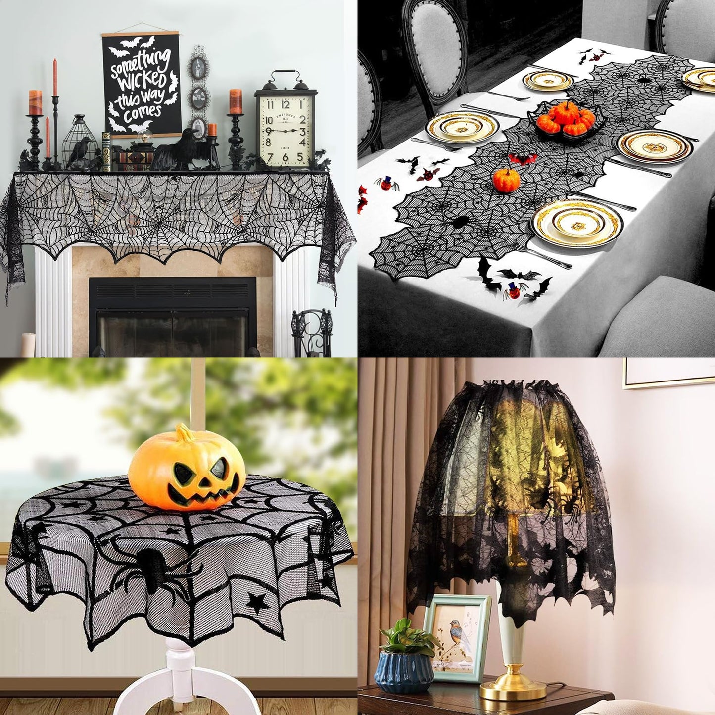 5Pack Halloween Decorations Indoor Halloween Decor Black Lace Table Runner Fireplace Mantel Scarf Round Tablecloth Cobweb Lampshade with 32 Pcs 3D Bat Wall Stickers