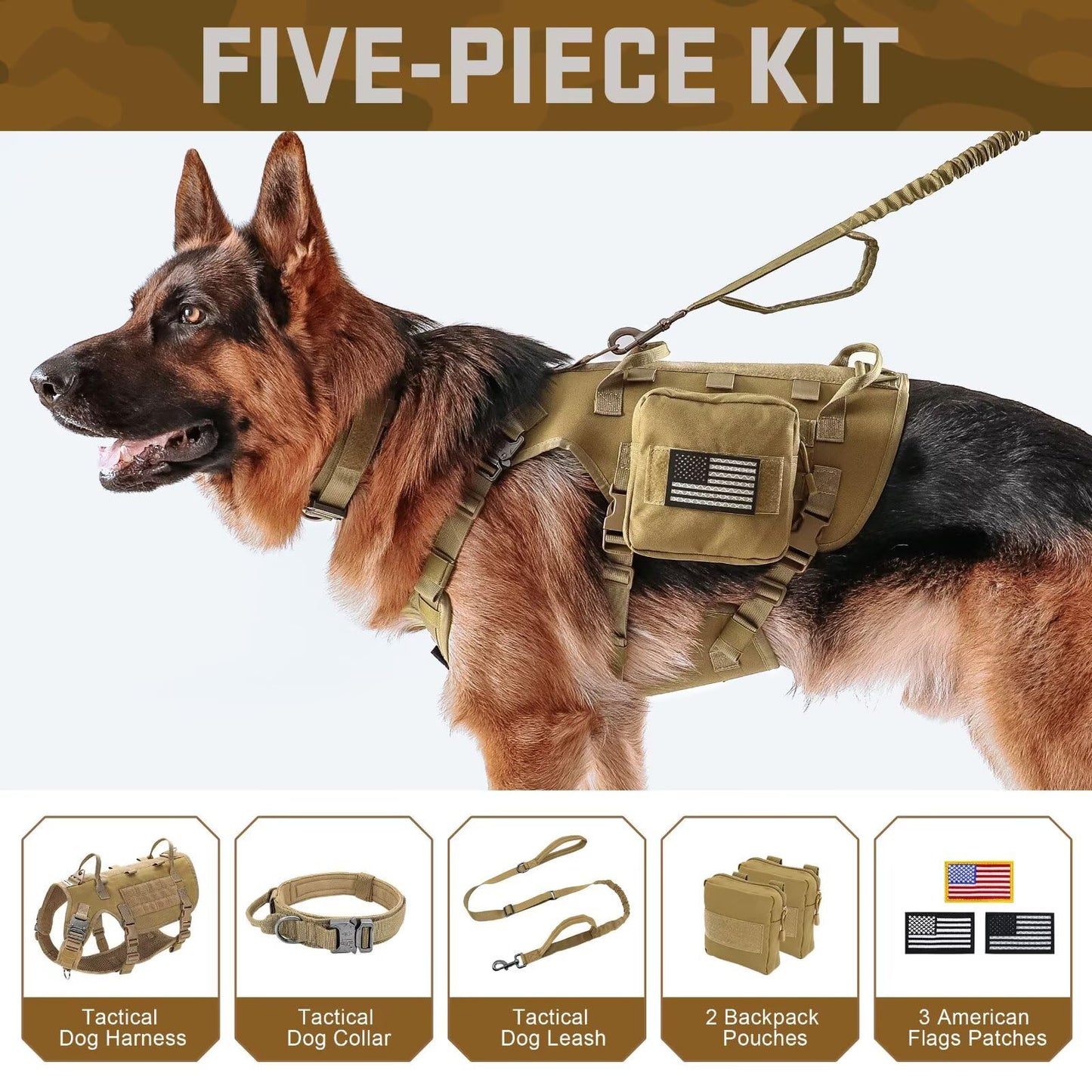 Forestpaw Tactical Dog Harness for Large Dogs,Tactical Dog Collar with Bungee Leash Set,No Pull Military Dog Harness for Walking Training,Adjustable for Medium Large Dogs,Khaki,Chest 21.5-45"
