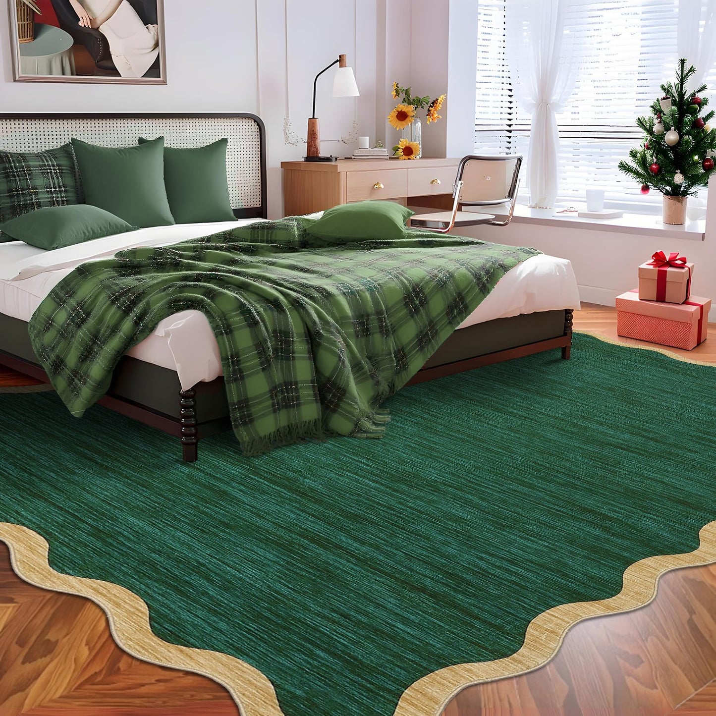 GarveeHome Washable Rug 9x12 Area Rug for Bedroom Farmhouse Scalloped Living Room Rug Non Slip Large Area Rug Low Pile Throw Rugs Stain Resistant Carpet for Dining Room, Green 9 ft x12 ft
