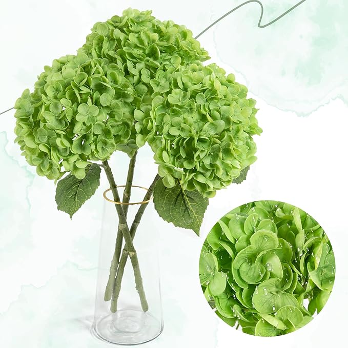 BonBloom's 3 Pcs Dark Green Hydrangea Artificial Flowers, Latex Real Touch Faux Hydrangeas Lifelike Stem & Blooms Fake Flowers for Wedding Bouquet Party Outdoor Table Centerpieces Home Decor