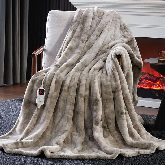 Guohaoi Heated Blanket Electric Throw, Soft Faux Rabbit Fur Electric Blanket with 10 Heating Levels 5 Sitting Timer Auto Off, Cozy Warm Heating Blankets, Machine Washable(84"×90" Light Grey)