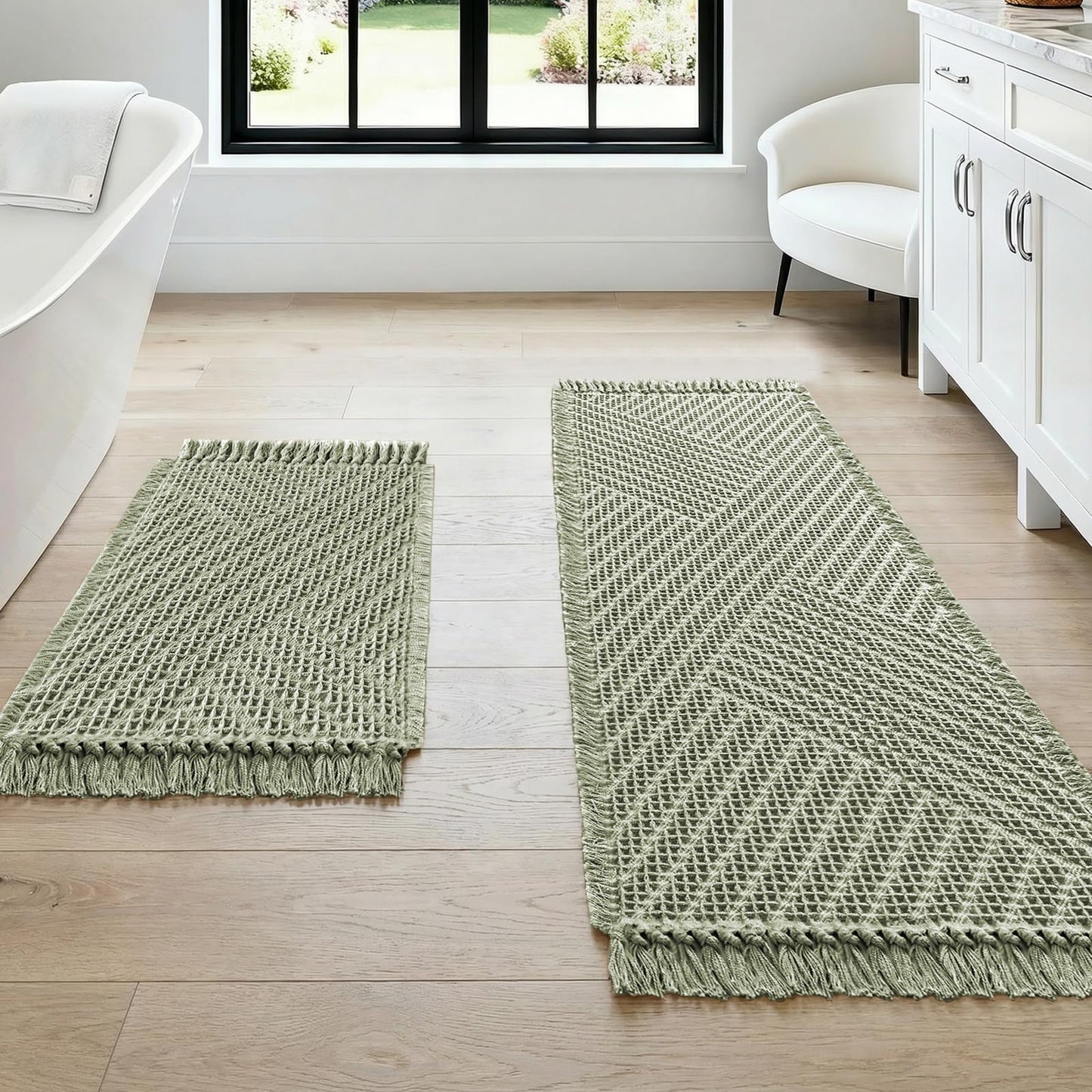 H.VERSAILTEX Waffle Bath Mat Super Absorbent Boho Bath Mat Non Slip Bath Rugs for Bathroom Floor Machine Washable Dry Fast Bathroom Rugs with Tassels (47 x 17 Plus 17 x 24 Inches, Sage)
