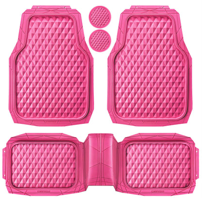 CAR PASS Heavy Duty Rubber Pink Car Floor Mats, Deep Dish All-Weather Full Set Durable Anti-Slip 3D Rhombus Waterproof Trim to Fit Liner Universal Fit Automotive,Sedan,SUV,Truck, 3 Pcs Hot Pink