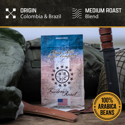 Black Rifle Coffee Company Ground Coffee Medium Roast - Roasted Blend Made from Pure Arabica Beans - Colombian & Brazilian Beans - Veteran Founded & American Made (Freedom Roast, 12oz Bag)