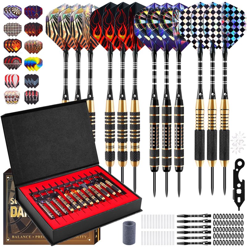 CHERAINTI Darts Metal Tip Set, 12 PCS Professional Steel Tip Darts for Dartboard with 20g 22g 24g Brass Barrels, 18 Aluminum Shafts, 36 Flights, 50 Rubber O-Rings, Sharpener Tool Kit and Gift Box