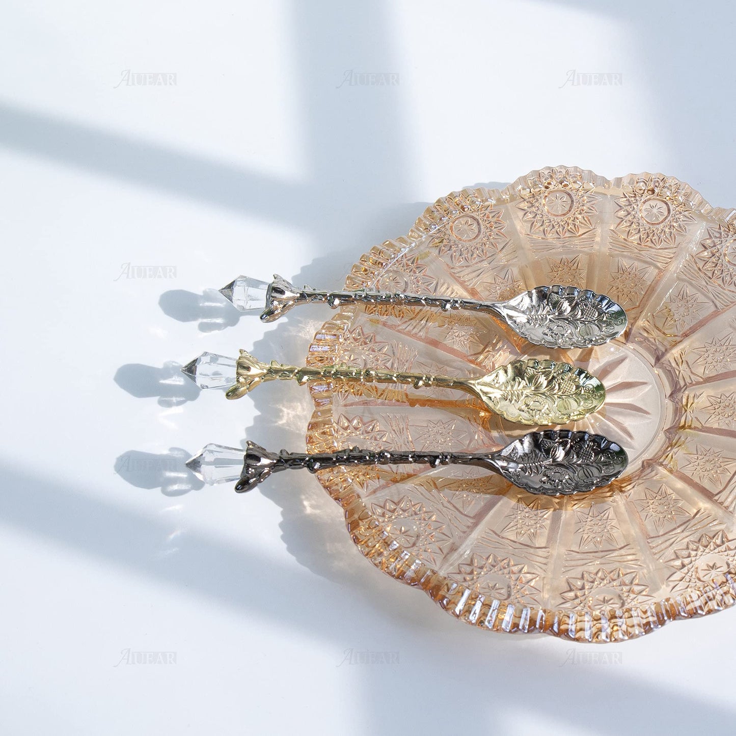 AUEAR, Retro Crystal Antique Alloy Spoon Coffee Tea Dessert Mini Ice Cream Decorative Spoons Set for Home Office (5 Pack)