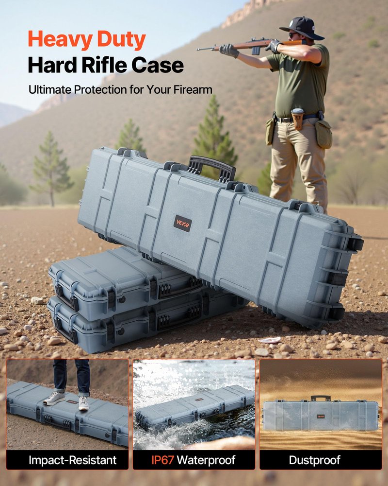 VEVOR Rifle Case, Rifle Hard Case with 4 Layers Fully-protective Foams, 50 inch Lockable Gun Storage with Wheels, IP67 Waterproof & Dustproof, for Rifle, Shotgun, Airsoft Gun, Grey