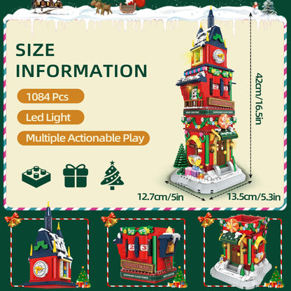 Christmas Countdown Tower House Building Toys - LED Light Christmas Village House Building Set with Countdown Clock, Festival Model Gift Idea for Kids 6+